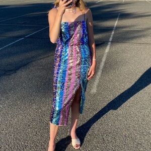 Aidan Mattox Striped Sequin Midi Cocktail Dress